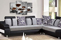 LR Floral Wall Art Picture – Grey & Brown Poppy Framed 4 Panel Split Canvas Print | Ready to Hang | Modern Wall Art for Living Room, Bedroom & Office