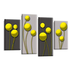 LR Yellow Floral Rose Wall Art Picture – Grey Framed 4 Panel Split Canvas Print | Ready to Hang | Modern Wall Art for Living Room, Bedroom & Office