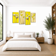 LR Floral Rose Wall Art Picture – Yellow & Cream Framed 4 Panel Split Canvas Print | Ready to Hang | Modern Wall Art for Living Room, Bedroom & Office