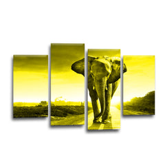 LR Elephant Sunset Wall Art Picture – Grey & Yellow African Framed 4 Panel Split Canvas Print | Ready to Hang | Modern Wall Art for Living Room, Bedroom & Office