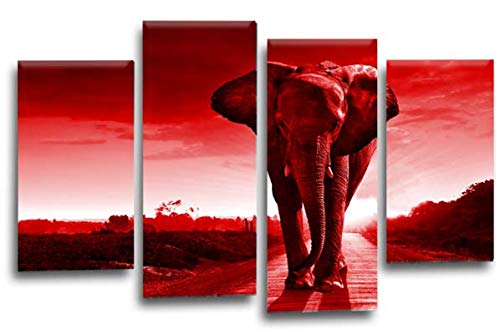 LR Elephant Sunset Wall Art Picture Red Grey Animal Africa Framed Split Canvas Print Ready to Hang
