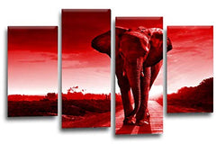 LR Elephant Sunset Wall Art Picture Red Grey Animal Africa Framed Split Canvas Print Ready to Hang