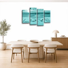 LR Love Beach Wall Art Picture – Grey & Teal Sunset Seascape Framed 4 Panel Split Canvas Print | Ready to Hang | Modern Wall Art for Living Room, Bedroom & Office