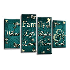 LR Family Love Quote Wall Art Picture – Teal & Cream Framed 4 Panel Split Canvas Print | Ready to Hang | Modern Wall Art for Living Room, Bedroom & Office