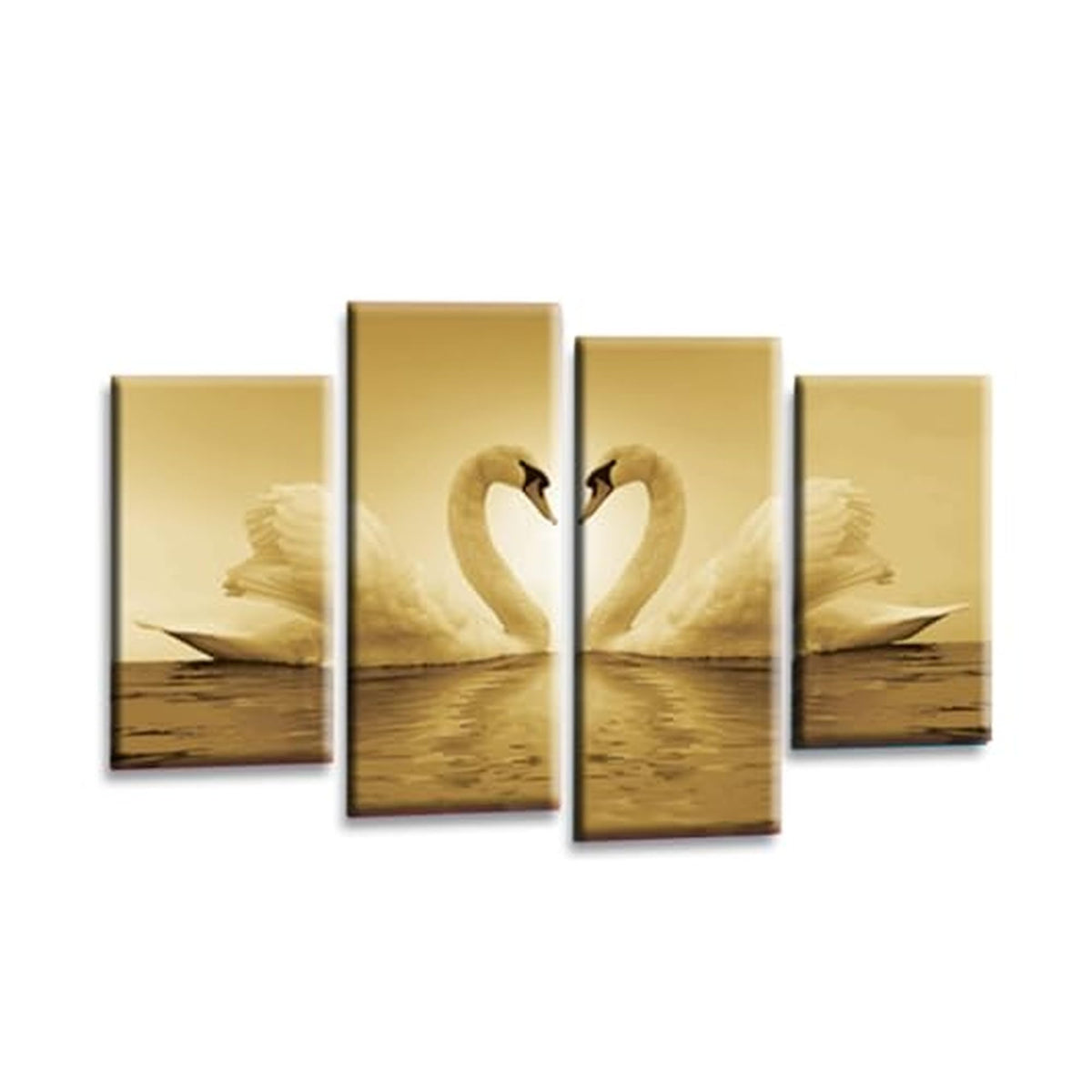 LR Love Swans Wall Art Picture – Cream & Brown Heart Framed 4 Panel Split Canvas Print | Ready to Hang | Modern Wall Art for Living Room, Bedroom & Office