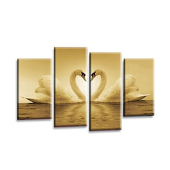 LR Love Swans Wall Art Picture – Cream & Brown Heart Framed 4 Panel Split Canvas Print | Ready to Hang | Modern Wall Art for Living Room, Bedroom & Office