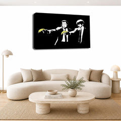 LR Banksy Pulp Fiction Wall Art Picture – Yellow & Black Graffiti Art Framed Canvas Print | Ready to Hang | Modern Wall Art for Living Room, Bedroom & Office