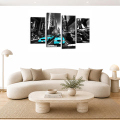 LR New York Taxi Wall Art Picture – Grey, Blue & Black Skyline Framed 4 Panel Split Canvas Print | Ready to Hang | Modern Wall Art for Living Room, Bedroom & Office