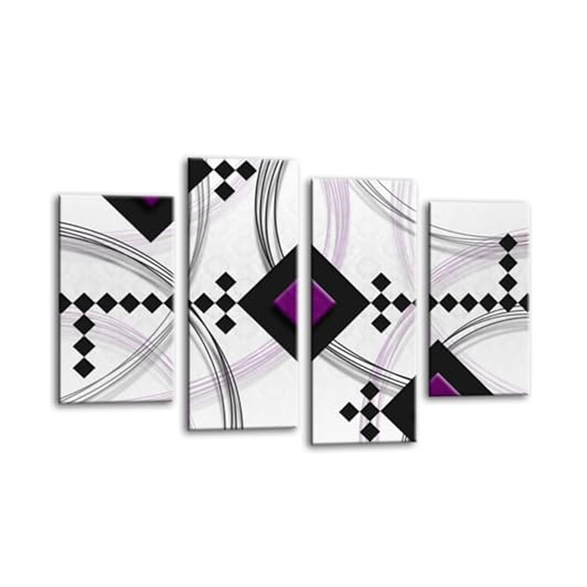 LR Purple Abstract Wall Art Picture – Black & White Modern Framed 4 Panel Split Canvas Print | Ready to Hang | Modern Wall Art for Living Room, Bedroom & Office
