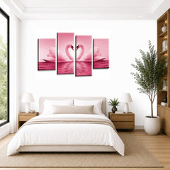 LR Love Heart Swans Wall Art Picture – Pink, Cream & White Framed 4 Panel Split Canvas Print | Ready to Hang | Modern Wall Art for Living Room, Bedroom & Office