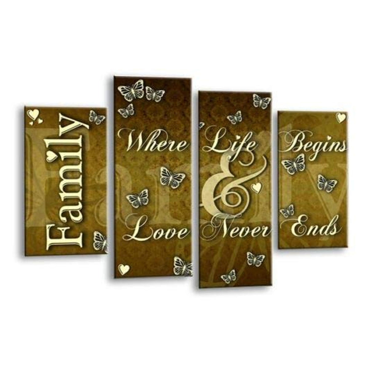 LR Family Love Quote Wall Art Picture – Cream & Brown Framed 4 Panel Split Canvas Print | Ready to Hang | Modern Wall Art for Living Room, Bedroom & Office