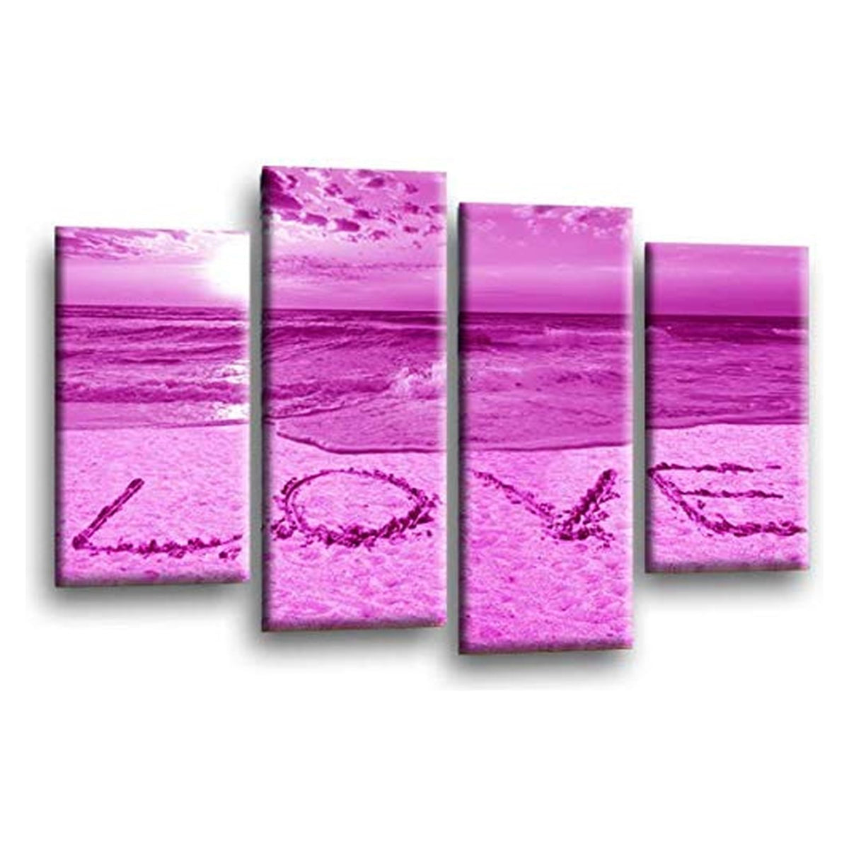 LR Love Beach Wall Art Picture – Purple & Grey Sunset Seascape Framed 4 Panel Split Canvas Print | Ready to Hang | Modern Wall Art for Living Room, Bedroom & Office
