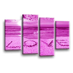 LR Love Beach Wall Art Picture – Purple & Grey Sunset Seascape Framed 4 Panel Split Canvas Print | Ready to Hang | Modern Wall Art for Living Room, Bedroom & Office