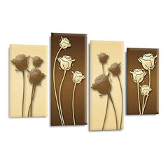 LR Floral Rose Wall Art Picture – Cream & Brown Framed 4 Panel Split Canvas Print | Ready to Hang | Modern Wall Art for Living Room, Bedroom & Office