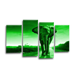 LR Elephant Sunset Wall Art Picture – Grey & Green African Framed 4 Panel Split Canvas Print | Ready to Hang | Modern Wall Art for Living Room, Bedroom & Office