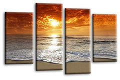 LR Sunset Beach Wall Art Picture Orange Grey Seascape Ocean Framed Canvas Split Panel Print