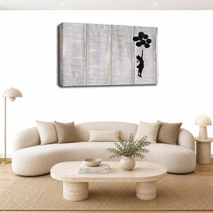 LR Banksy Balloon Girl Wall Art Picture – Grey & White Graffiti Art Framed Canvas Print | Ready to Hang | Modern Wall Art for Living Room, Bedroom & Office