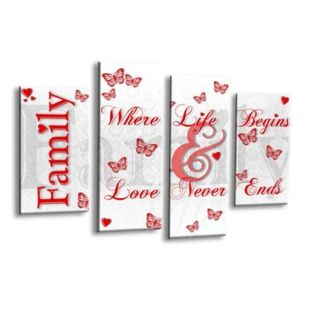 LR Family Love Quote Wall Art Picture – Red & White Framed 4 Panel Split Canvas Print | Ready to Hang | Modern Wall Art for Living Room, Bedroom & Office