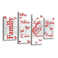 LR Family Love Quote Wall Art Picture – Red & White Framed 4 Panel Split Canvas Print | Ready to Hang | Modern Wall Art for Living Room, Bedroom & Office