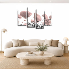 LR Floral Rose Wall Art Picture – Pink & White Framed 4 Panel Split Canvas Print | Ready to Hang | Modern Wall Art for Living Room, Bedroom & Office