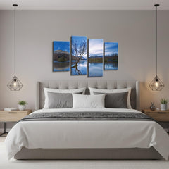 LR Landscape Lake Wall Art Picture – Blue & Brown Floral Framed 4 Panel Split Canvas Print | Ready to Hang | Modern Wall Art for Living Room, Bedroom & Office