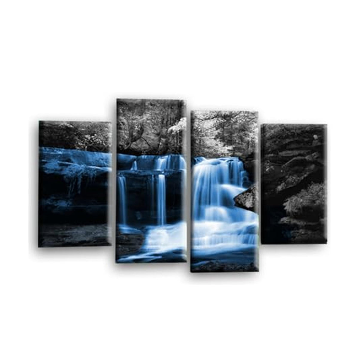 LR Waterfall Wall Art Picture – Grey, Blue & Duck Egg Forest Framed 4 Panel Split Canvas Print | Ready to Hang | Modern Wall Art for Living Room, Bedroom & Office