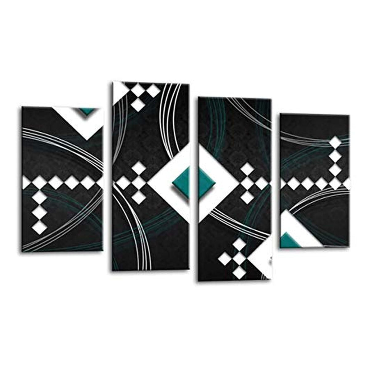 LR Teal Abstract Wall Art Picture – Black & White Modern Framed 4 Panel Split Canvas Print | Ready to Hang | Modern Wall Art for Living Room, Bedroom & Office
