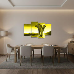 LR Elephant Sunset Wall Art Picture – Grey & Yellow African Framed 4 Panel Split Canvas Print | Ready to Hang | Modern Wall Art for Living Room, Bedroom & Office