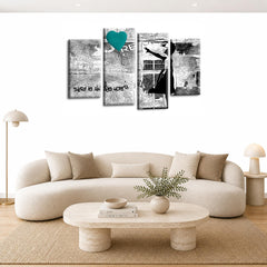 LR Banksy Wall Art Picture – Grey & Teal Graffiti Art Framed 4 Panel Split Canvas Print | Ready to Hang | Modern Wall Art for Living Room, Bedroom & Office
