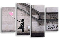 LR Banksy Heart Wall Art Picture – Grey & Pink Graffiti Art Framed 4 Panel Split Canvas Print | Ready to Hang | Modern Wall Art for Living Room, Bedroom & Office