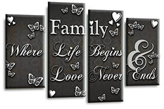 LR Family Love Quote Wall Art Picture – Grey & White Framed 4 Panel Split Canvas Print | Ready to Hang | Modern Wall Art for Living Room, Bedroom & Office