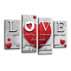 LR Red Love Heart Wall Art Picture – Grey & White Modern Abstract Framed 4 Panel Split Canvas Print | Ready to Hang | Modern Wall Art for Living Room, Bedroom & Office