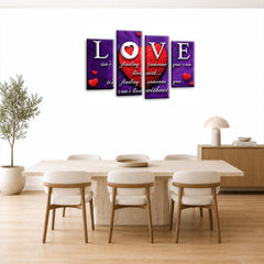 LR Love Wall Art Picture – Purple & Red Quote Framed 4 Panel Split Canvas Print | Ready to Hang | Modern Wall Art for Living Room, Bedroom & Office