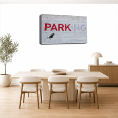 LR Banksy No Parking Wall Art Picture – Grey & Red Graffiti Art Framed Canvas Print | Ready to Hang | Modern Wall Art for Living Room, Bedroom & Office