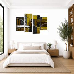 LR Abstract Wall Art Picture – Grey, White & Mustard Modern Framed 4 Panel Split Canvas Print | Ready to Hang | Modern Wall Art for Living Room, Bedroom & Office