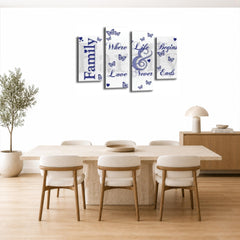 LR Family Love Quote Wall Art Picture – Blue & White Framed 4 Panel Split Canvas Print | Ready to Hang | Modern Wall Art for Living Room, Bedroom & Office