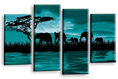 LR Sunset Elephants Wall Art Picture – Grey, Teal & Brown African Elephant Framed 4 Panel Split Canvas Print | Ready to Hang | Modern Wall Art for Living Room, Bedroom & Office