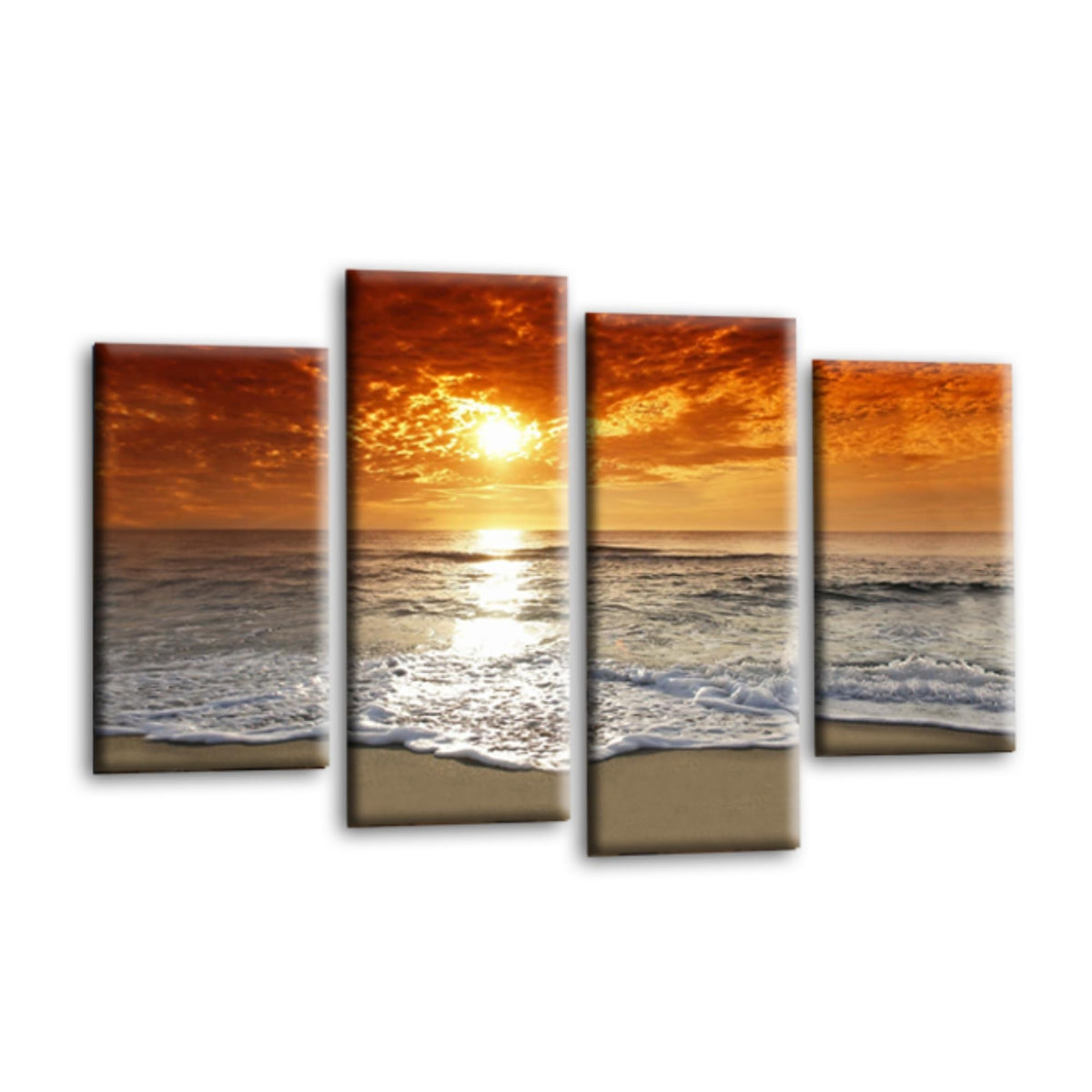 LR Sunset Beach Wall Art Picture – Grey & Orange Seascape Framed 4 Panel Split Canvas Print | Ready to Hang | Modern Wall Art for Living Room, Bedroom & Office