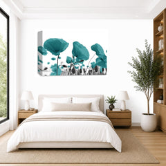 LR Floral Poppy Rose Wall Art Picture – Teal & White Framed Canvas Print | Ready to Hang | Modern Wall Art for Living Room, Bedroom & Office