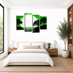 LR Landscape Wall Art Picture – Green, Black & White Floral Framed 4 Panel Split Canvas Print | Ready to Hang | Modern Wall Art for Living Room, Bedroom & Office