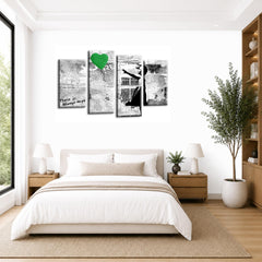 LR Banksy Heart Wall Art Picture – Grey & Green Graffiti Art Framed 4 Panel Split Canvas Print | Ready to Hang | Modern Wall Art for Living Room, Bedroom & Office