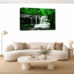 LR Green Waterfall Wall Art Picture – Grey & White Forest Framed Canvas Print | Ready to Hang | Modern Wall Art for Living Room, Bedroom & Office
