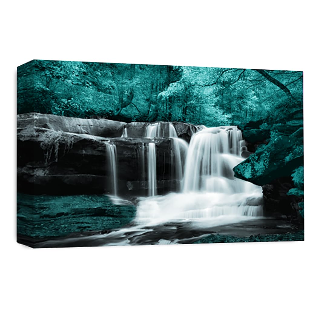 LR Teal Waterfall Wall Art Picture – Grey & White Forest Framed Canvas Print | Ready to Hang | Modern Wall Art for Living Room, Bedroom & Office