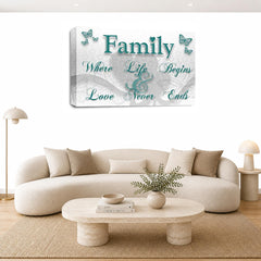 LR Family Love Quote Wall Art Picture – Teal & White Framed Canvas Print | Ready to Hang | Modern Wall Art for Living Room, Bedroom & Office