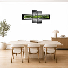 LR Abstract Wall Art Picture – Green, Black & White Modern Framed 4 Panel Split Canvas Print | Ready to Hang | Modern Wall Art for Living Room, Bedroom & Office