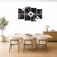 LR Abstract Wall Art Picture – Purple, Black & White Modern Framed 4 Panel Split Canvas Print | Ready to Hang | Modern Wall Art for Living Room, Bedroom & Office