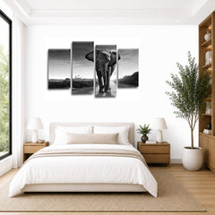 LR Elephants Animal Wall Art Picture – Grey & Black African Elephant Framed 4 Panel Split Canvas Print | Ready to Hang | Modern Wall Art for Living Room, Bedroom & Office
