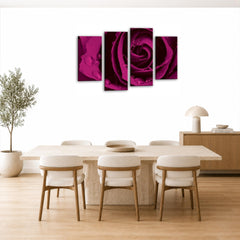 LR Floral Rose Wall Art Picture – Purple & Grey Framed 4 Panel Split Canvas Print | Ready to Hang | Modern Wall Art for Living Room, Bedroom & Office