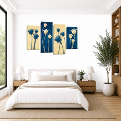 LR Floral Rose Wall Art Picture – Blue & Cream Framed 4 Panel Split Canvas Print | Ready to Hang | Modern Wall Art for Living Room, Bedroom & Office