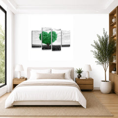 LR Floral Love Heart Wall Art Picture – Grey & Green Tree Framed 4 Panel Split Canvas Print | Ready to Hang | Modern Wall Art for Living Room, Bedroom & Office